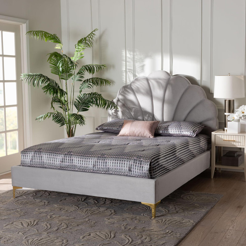Baxton Studio Acosta Glam And Luxe Light Grey Velvet Seashell Headboard Queen Size Platform Bed